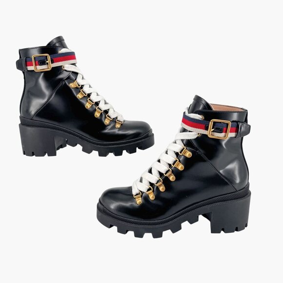 Gucci Sylvie Trip Black Leather Lace Up Combat Boots Size 36.5 US 6.5 Women's - Picture 8 of 15